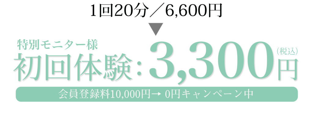 1回20分／6,600円→ 特別モニター様　初回体験：3,300円 【会員登録料10,000円→ 0円キャンペーン中】